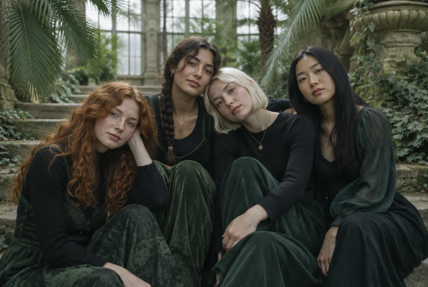 The four musicians seated together on stone steps in a conservatory garden
