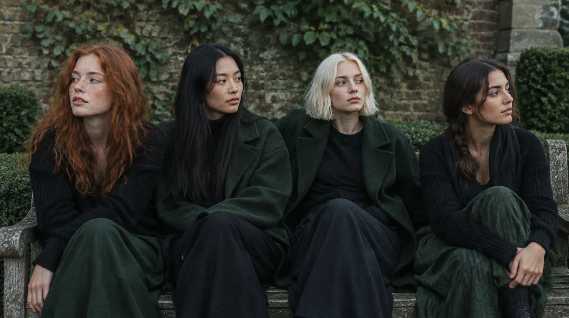 The four musicians seated on a bench against an ivy-covered brick wall