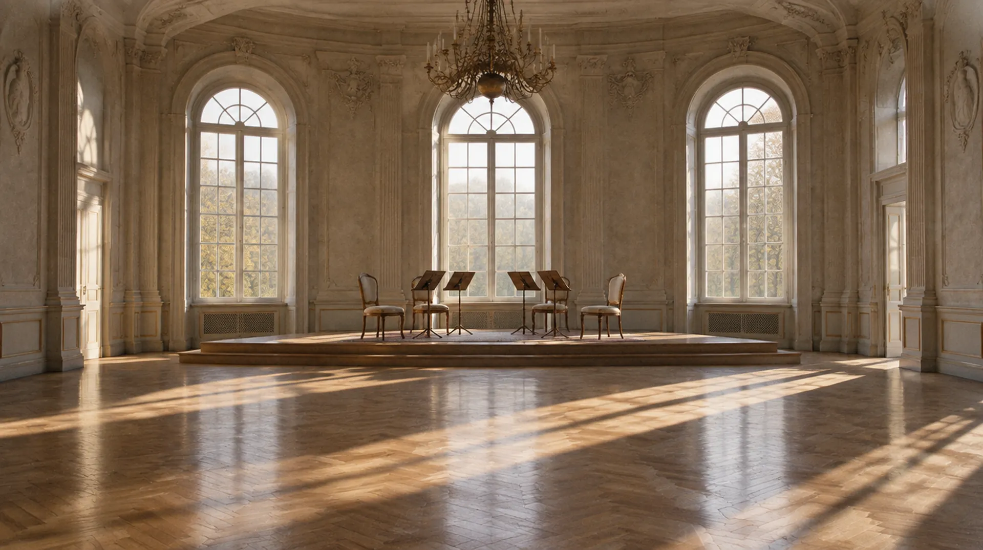 An empty eighteenth century concert hall with chairs set for four players