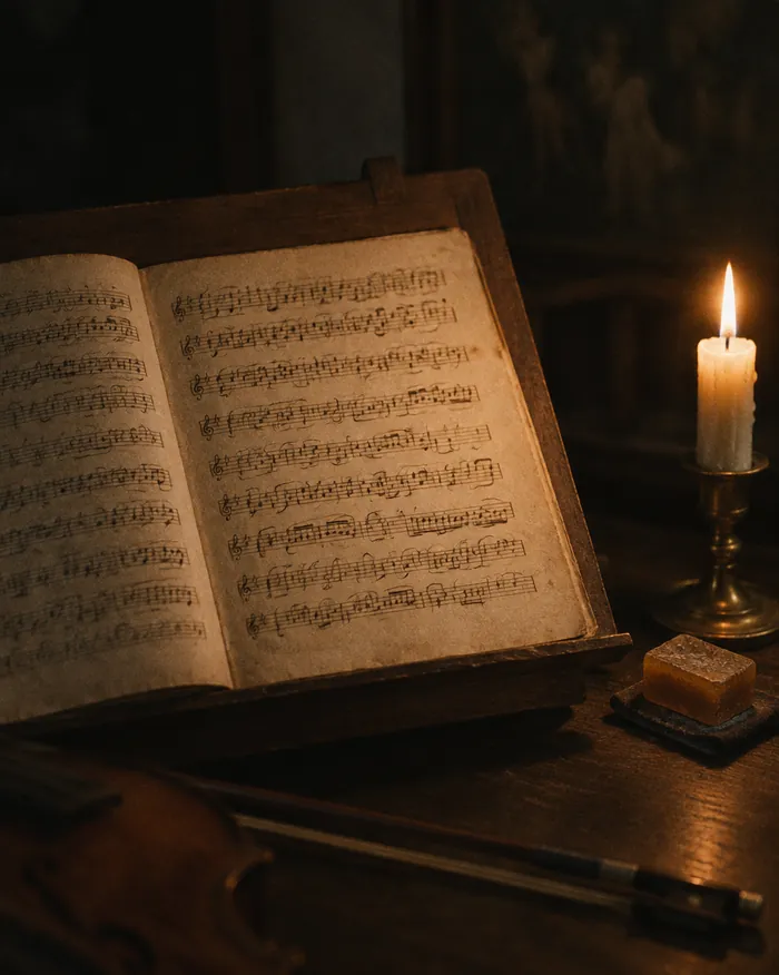 A handwritten baroque score on a stand
