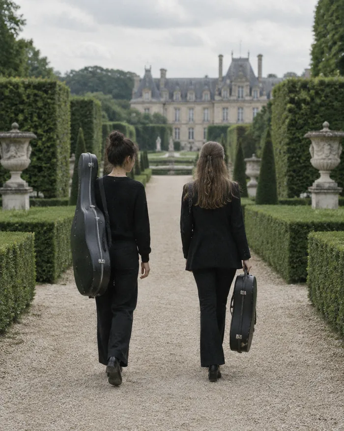 Two musicians walking a garden path with instrument cases