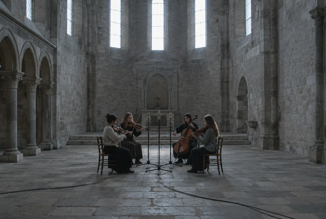Recording session in a stone chapel