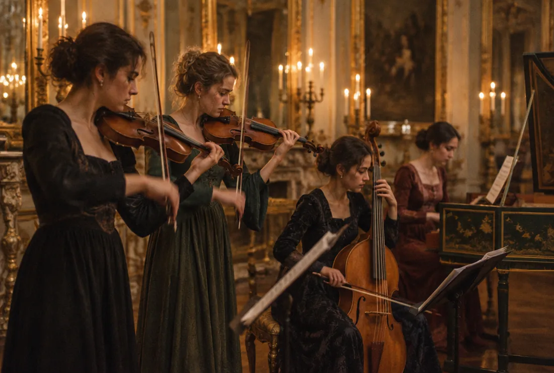 The ensemble mid-performance in a grand salon